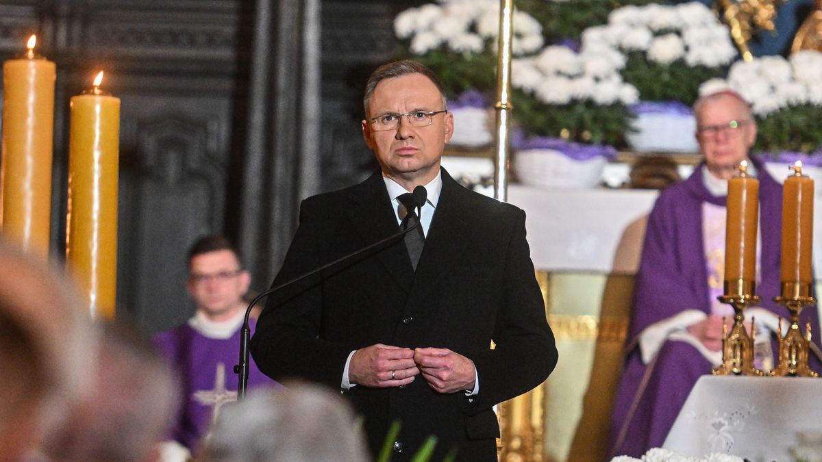 KRAKOW, POLAND - OCTOBER 31: The president of Poland, Andrzej Duda delivers a speech during the state funeral for the late Polish Holocaust survivor, Wanda Poltawska on October 31, 2023 in Krakow, Poland. Wanda Poltawska, a survivor of the Holocaust in the Ravensbruck concentration camp, died a few days before her 102nd birthday. During her incarceration in the concentration camp, medical experiments were carried out on her. Poltawska was a close friend with the late Pope John Paul II during his priesthood, and remained friends with him until his death in 2005.