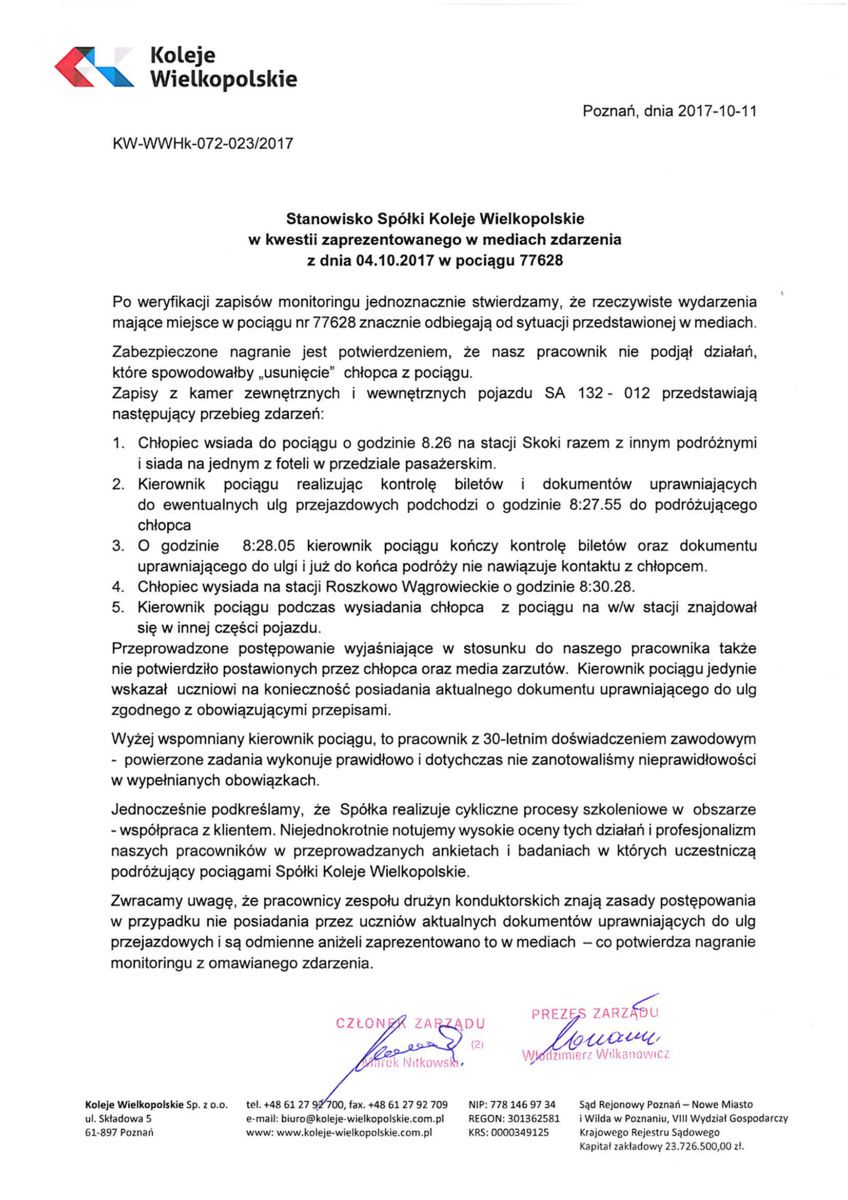 Oświadczenie przedstawia sytuację z puntu widzenia konduktora 