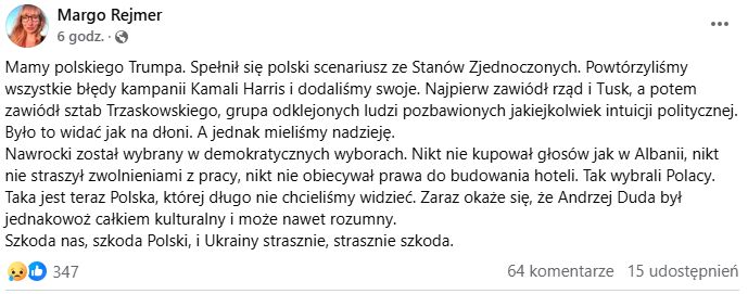 Małgorzata Rejmer komentuje wyniki wyborów prezydenckich