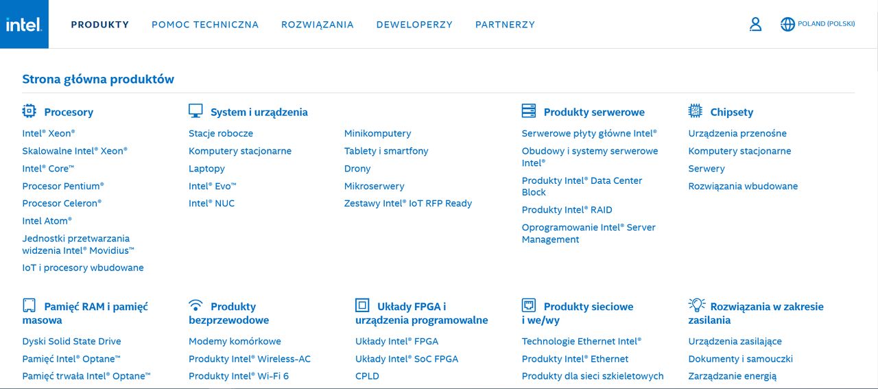 Menu wyboru produktu Intel