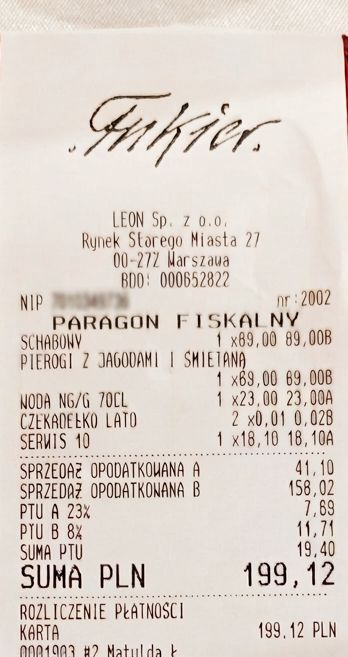 Rachunek z restauracji "U Fukiera"