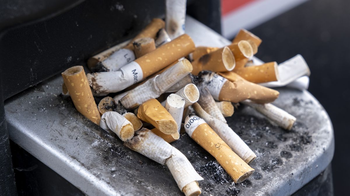 Cigarette butts stuffed into a small ashtray on the side of a recycling bin on 2nd July 2024 in London, United Kingdom. Smoking is in decline in the UK due to health concerns, yet smoking is still a common sight. Cigarette filters are made of a plastic which when thrown away cause harm to the environment not only in the discarding of plastic, but also various chemicals, heavy metals and nicotine they have absorbed in the process of smoking. (photo by Mike Kemp/In Pictures via Getty Images)