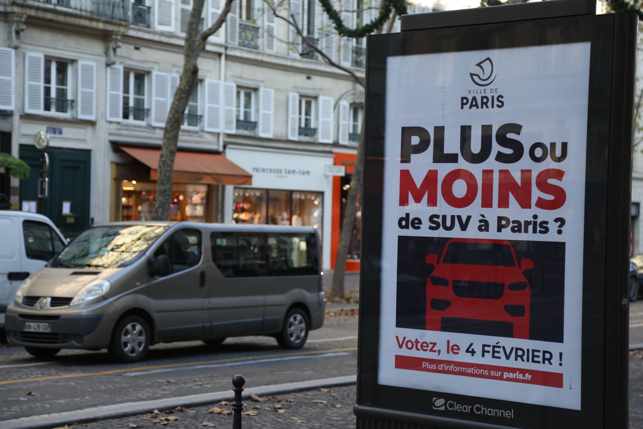 PARIS, FRANCE - NOVEMBER 22: A view of the billboard with a referendum poster in Paris, France on November 22, 2023. Paris Mayor Anne Hidalgo is planning a referendum on 4 February about whether decide boost on parking fees for heavy SUVs in the city center. (Photo by Mohamad Salaheldin Abdelg Alsayed/Anadolu via Getty Images)