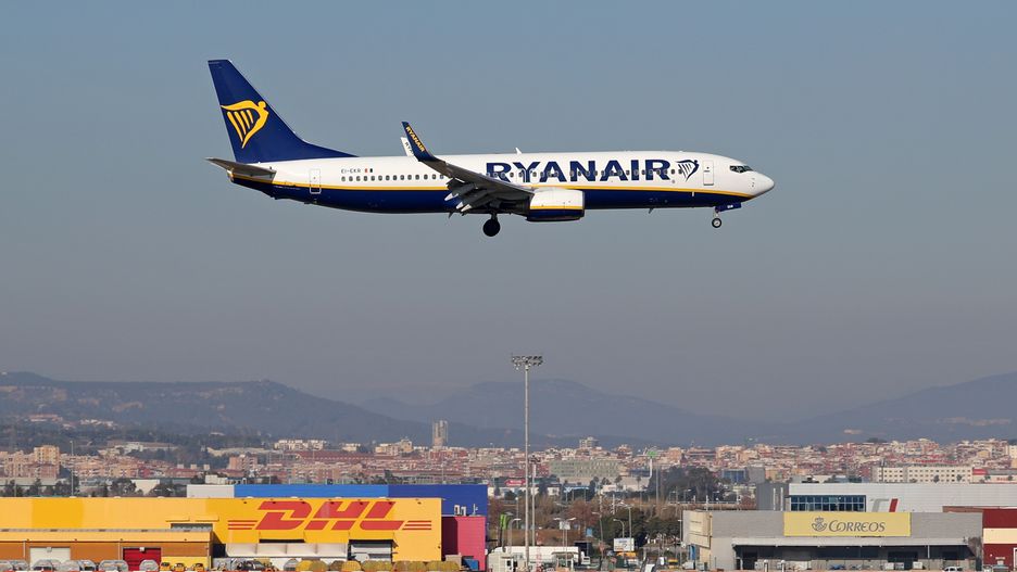 A Boeing 737-8AS from Ryanair is landing at Barcelona Airport in Barcelona, Spain, on January 15, 2024. (Photo by Urbanandsport/NurPhoto via Getty Images)