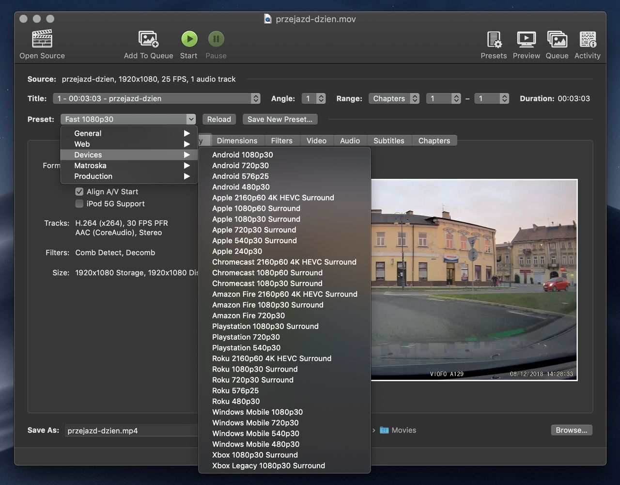 lista presetów w Handbrake 1.2.0
