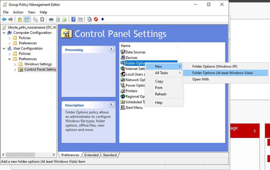 Dodawanie polityki dla Folder Options.