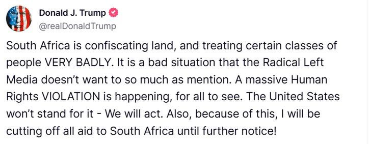 Trump ostrzega RPA przed konfiskatami ziem 