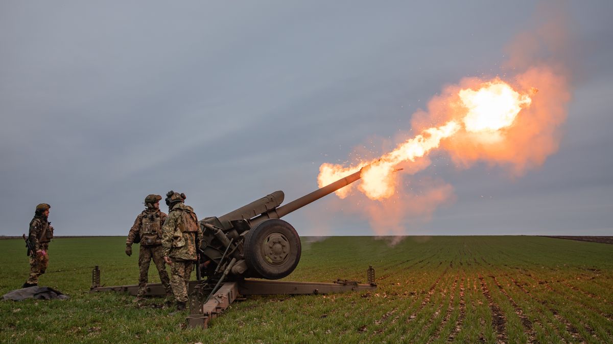 DONETSK REGION, UKRAINE - 2023/03/21: The 122mm howitzer D-30 is fired in Donetsk region. Ukraine's state-owned defense conglomerate, Ukroboronprom, has delivered its first batch of domestically produced 122 mm artillery shells to the Ukrainian army. The 122 caliber projectile is used by the Ukrainian artillery while operating with the trailing D-30 howitzer (maximum range: 15,400 m) and 2S1 Gvozdika SAU (maximum range: 15,200 m). This is part of Ukraine's efforts to increase its self-sufficiency and security by launching its own production of ammunition. The shells underwent rigorous testing before being delivered, and they were found to exceed the standard Soviet model in terms of the number of fragments produced. (Photo by Mykhaylo Palinchak/SOPA Images/LightRocket via Getty Images)