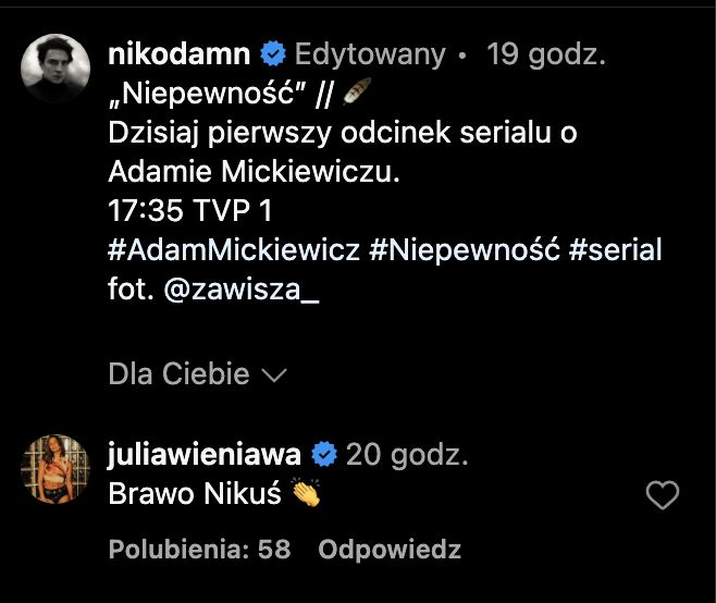 Julia Wieniawa skomentowała post Nikodema Rozbickiego 