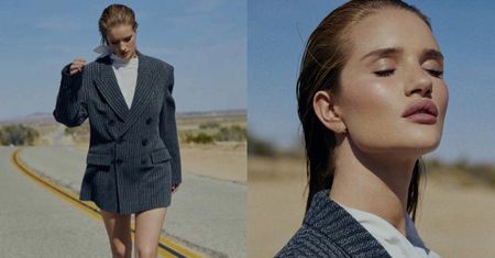 Wystylizowana Rosie Huntington-Whiteley wałęsa się po pustkowiu