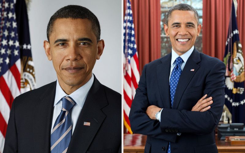 Barack Obama w latach 2009 (po lewej) oraz 2012 (po prawej).