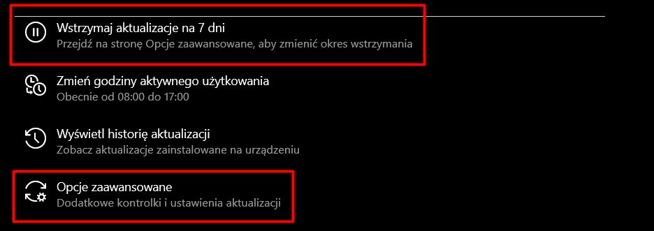 Wstrzymywanie aktualizacji w Windows Update. Dłuższe okresy są dostępne w opcjach zaawansowanych, fot. Oskar Ziomek.