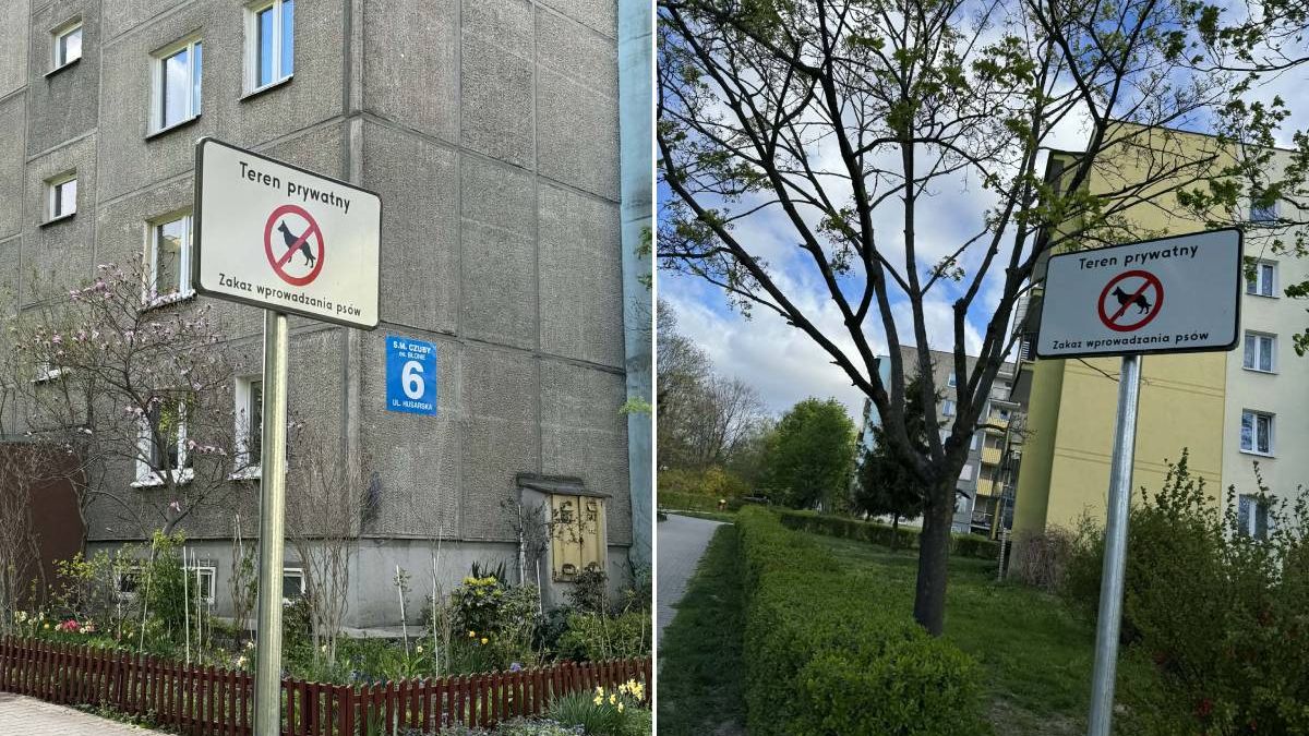Znaki informujące o zakazie wyprowadzania psów na osiedlu Błonie w Lublinie