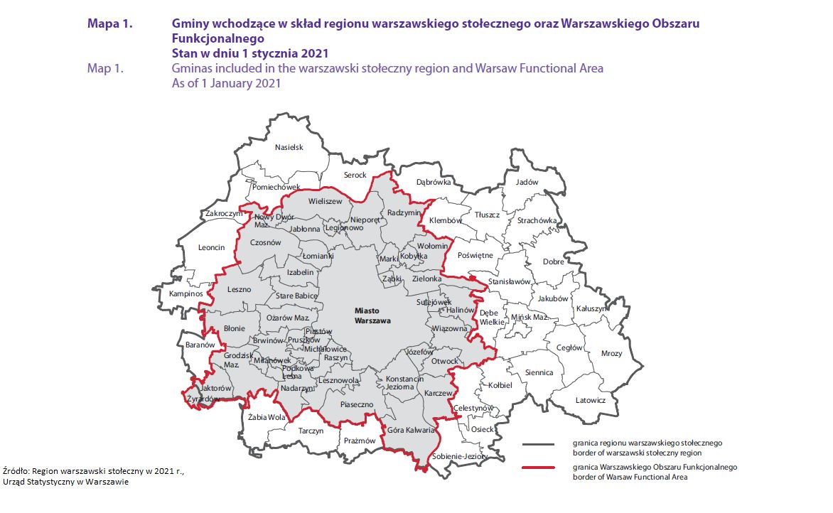 Mapa Warszawy i okolic jako regionu gospodarczego