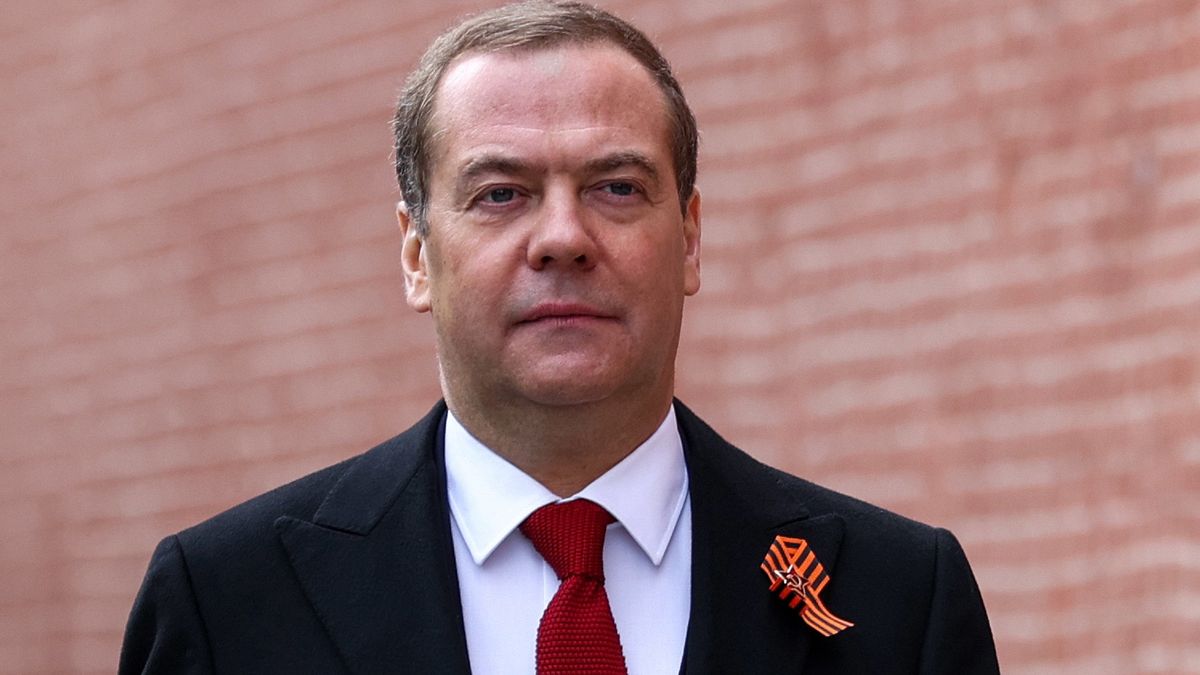 MOSCOW, RUSSIA - MAY 9, 2022: Dmitry Medvedev, chairman of the United Russia Party, deputy chairman of the Russian Security Council, attends a Victory Day military parade marking the 77th anniversary of the victory over Nazi Germany in World War II, in Moscow's Red Square. Yekaterina Shtukina/POOL/TASS