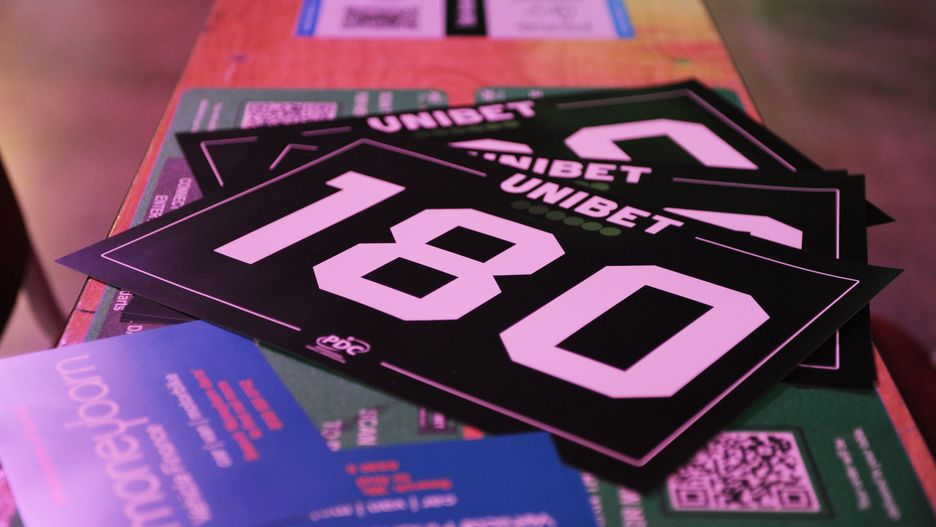 MILTON KEYNES, ENGLAND - MAY 26: '180' signs are seen displayed on a table inside the arena prior to Night 15 of the Unibet Premier League Darts at Marshall Arena on May 26, 2021 in Milton Keynes, England. (Photo by Alex Burstow/Getty Images)