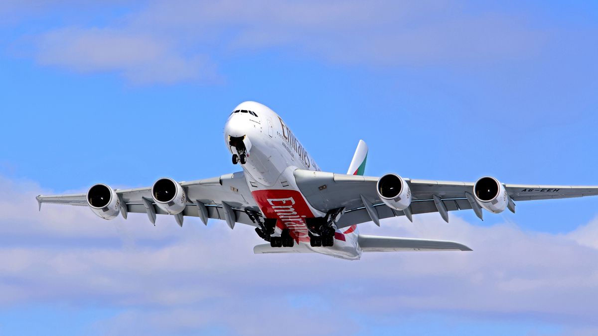 An Emirates Airbus A380-800 bound for Dubai departs Toronto Pearson International Airport in Mississauga, Ontario, on February 26, 2026. (Photo by Mike Campbell/NurPhoto via Getty Images)