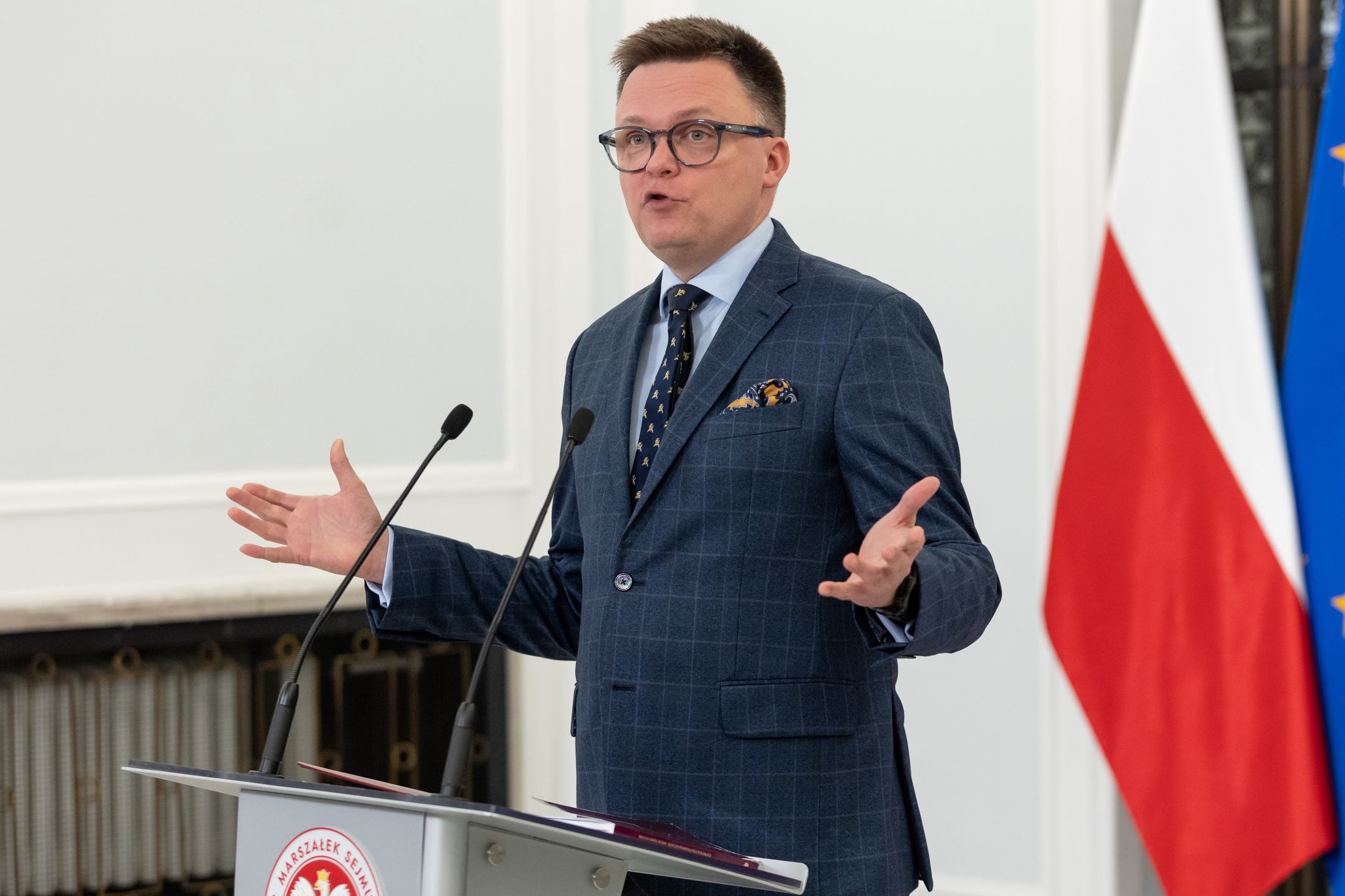 Marshal of the Sejm Szymon Holownia is speaking at a press conference in Warsaw, Poland, on February 20, 2024. (Photo by Foto Olimpik/NurPhoto via Getty Images)