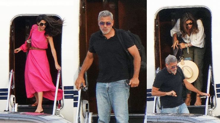 George i Amal Clooney wysiadają z prywatnego samolotu we Francji