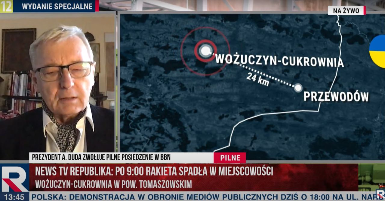 kadr z TV Republika, która wskazała konkretne miejsce upadku rakiety zza wschodniej granicy