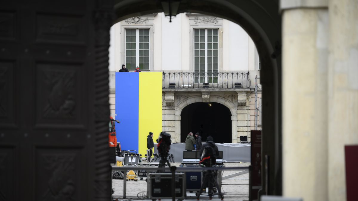 A large Ukrainian flag is seen hanging inside the courtyard of the Royal Castle, general view of Warsaw, Poland on 04 April, 2023. Ukrainian President Volodymyr Zelensky will visit Poland on Wednesday to meet with his Polish counterpart Andrzej Duda and make a public appearance meeting with Ukrainian and Polish citizens in Warsaw. (Photo by Jaap Arriens/NurPhoto via Getty Images)