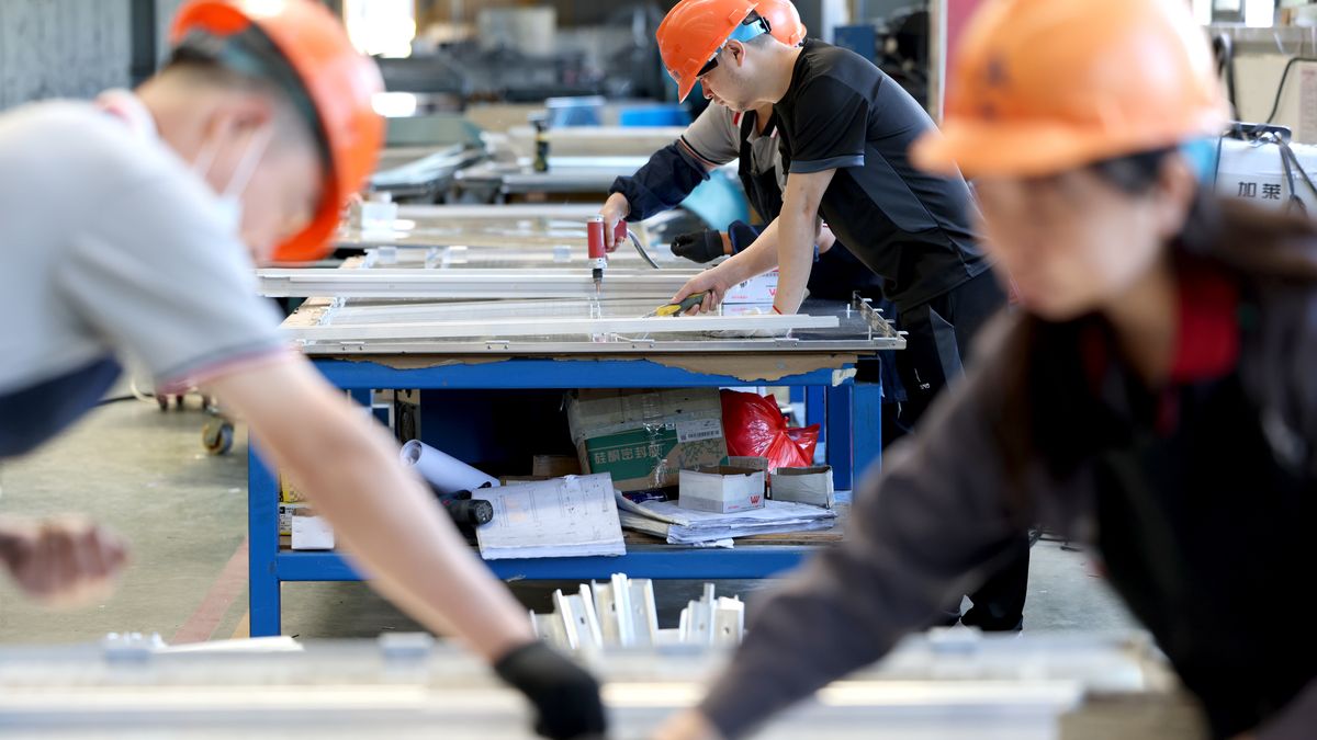 QUANZHOU, CHINA - MAY 14: Employees work on the production line of aluminum alloy products at the workshop of Meitu (Fujian) Aluminium Co., Ltd. on May 14, 2024 in Quanzhou, Fujian Province of China. (Photo by Wang Wangwang/VCG via Getty Images)