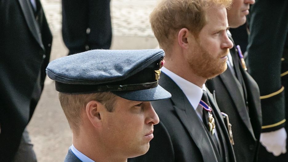 The State Funeral Of Queen Elizabeth IILONDON, ENGLAND - SEPTEMBER 19:  Prince William, Prince of Wales, Prince Harry, Duke of Sussex and Peter Phillips follow the coffin of Queen Elizabeth II is pulled on a gun carriage past Buckingham Palace following the State Funeral of Queen Elizabeth II at Westminster Abbey on September 19, 2022 in London, England.  Elizabeth Alexandra Mary Windsor was born in Bruton Street, Mayfair, London on 21 April 1926. She married Prince Philip in 1947 and ascended the throne of the United Kingdom and Commonwealth on 6 February 1952 after the death of her Father, King George VI. Queen Elizabeth II died at Balmoral Castle in Scotland on September 8, 2022, and is succeeded by her eldest son, King Charles III. (Photo by  Jenny Goodall - WPA Pool/Getty Images)WPA Pool