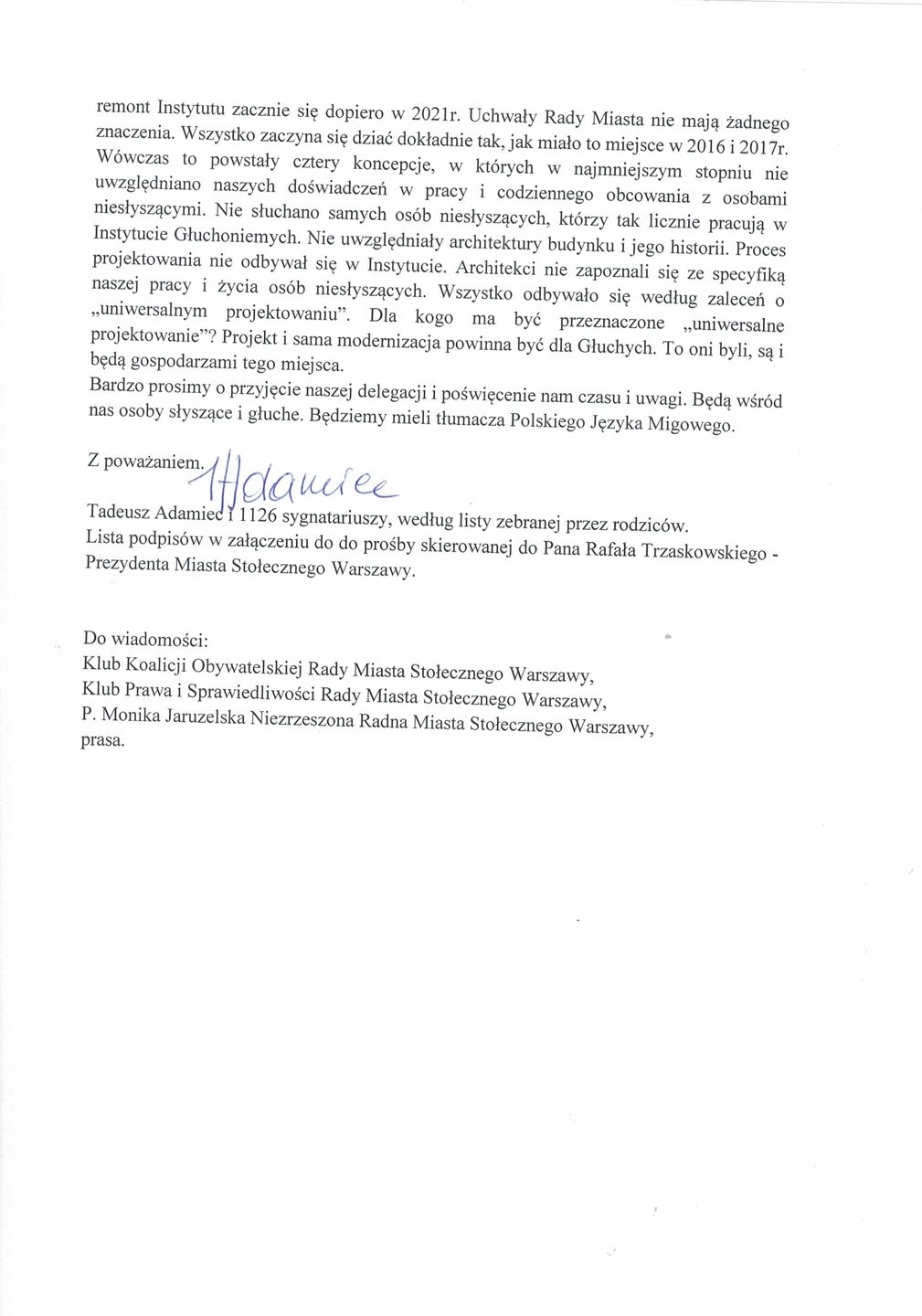 List do prezydenta Warszawy Rafała Trzaskowskiego 
