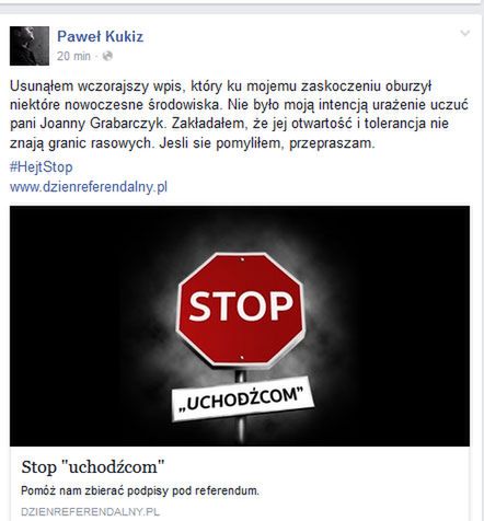 Paweł Kukiz przeprasza szefową akcji "HejtStop"