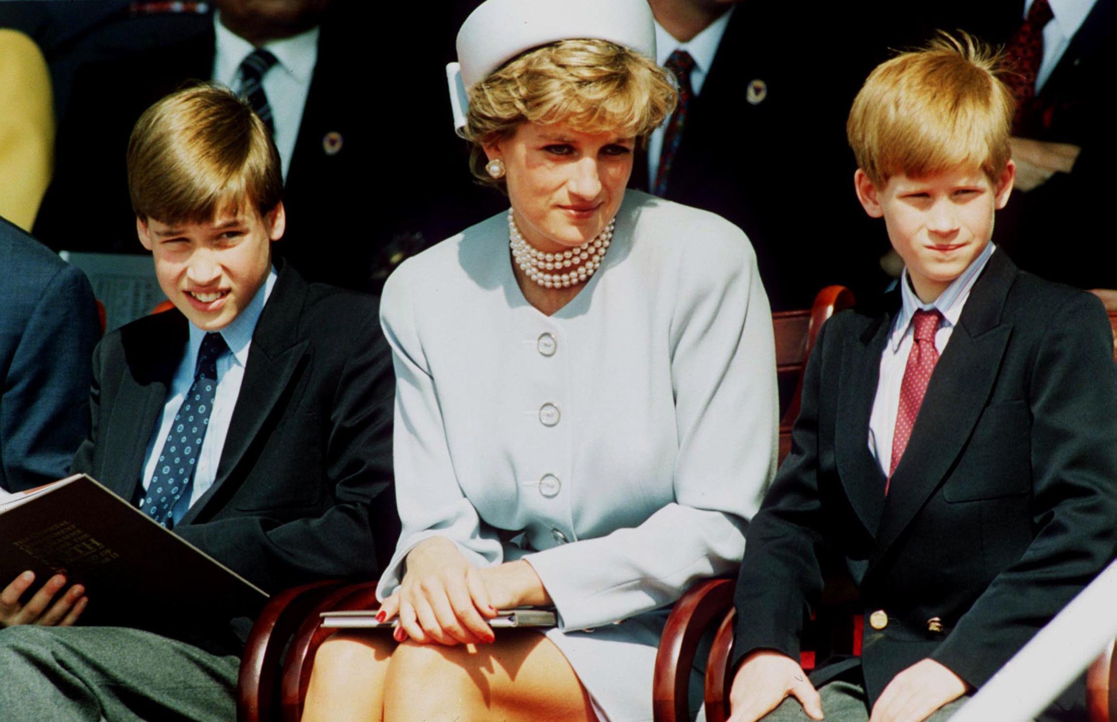 Princess Diana with Prince William and Harry at Heads Of State Service for VE Rememberance Day, held in Hyde Park. Half Length. 