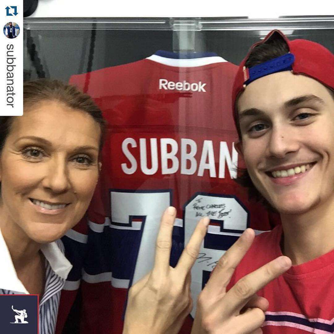 Rene-Charles Angelil z Celine Dion na meczu hokejowym