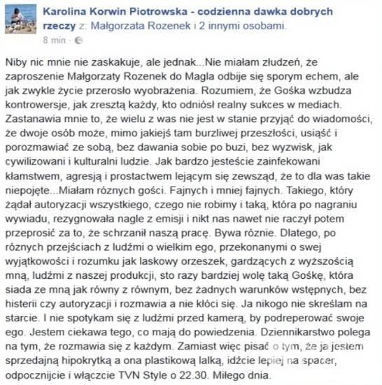 Karolina Korwin-Piotrowska o Małgorzacie Rozenek