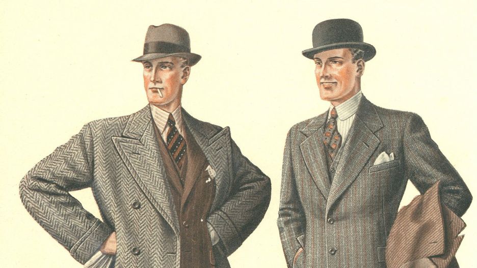 Wytworni przedwojenni dżentelmeni. Ilustracja z katalogu mody męskiej z 1935 roku