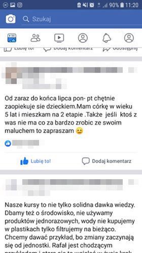 Oferta opieki nad dzieckiem na jednej z facebook'owych "grup sąsiedzkich" 