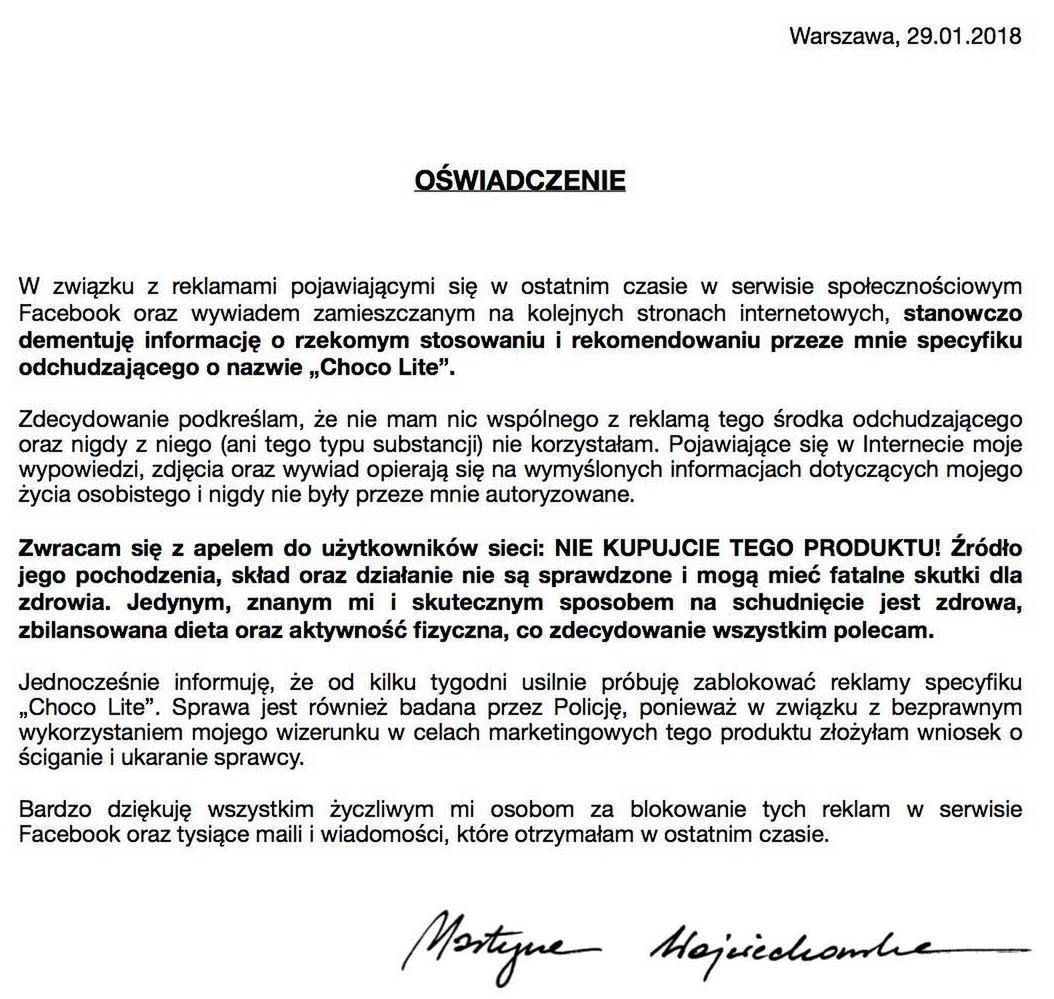 Oświadczenie Martyny Wojciechowskiej