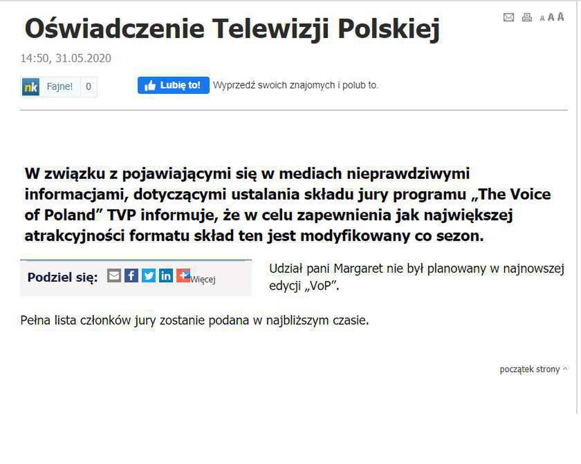 Oświadczenie ws. udziału Margaret w The Voice of Poland. Screen TVP