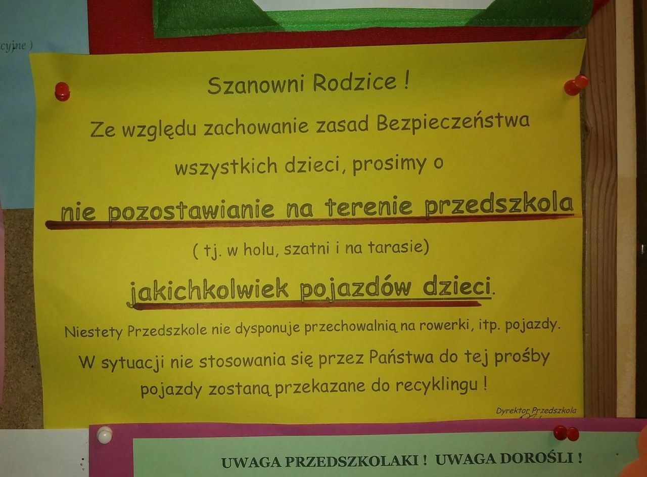 Nietypowe ogłoszenie w przedszkolu. "Rowerki dzieci do recyklingu"