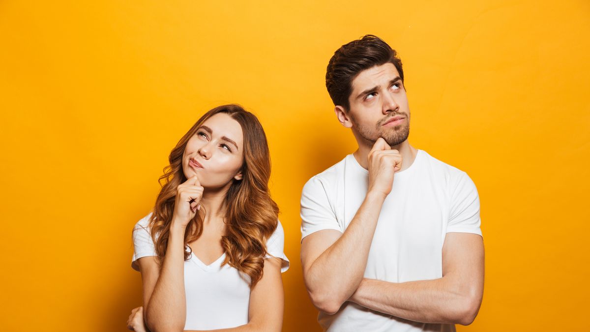 Image of happy young people man and woman in basic clothing thinking and touching chin while looking aside isolated over yellow background