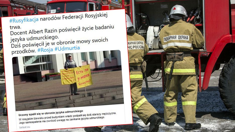 Rosja. Albert Razin na chwilę przed samospaleniem przed budynkiem władz w Iżewsku.