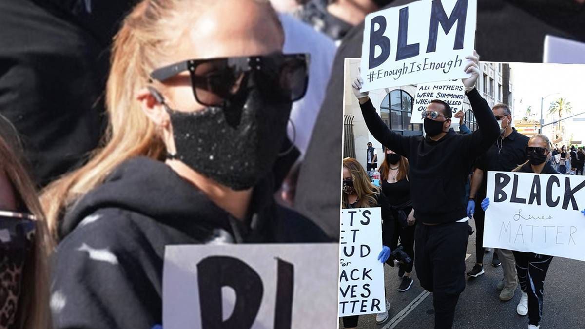 Zamaskowana Jennifer Lopez na marszu Black Lives Matter. Wyszła na ulicę z ogromnym transparentem