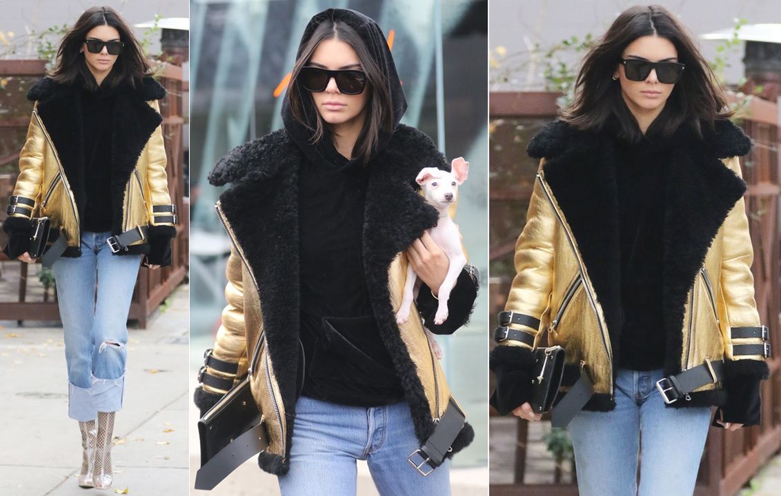 LOOK OF THE DAY: Kendall Jenner w złotej kurtce ACNE