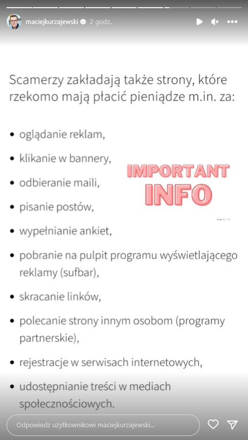 Maciej Kurzajewski ostrzega przed scamem