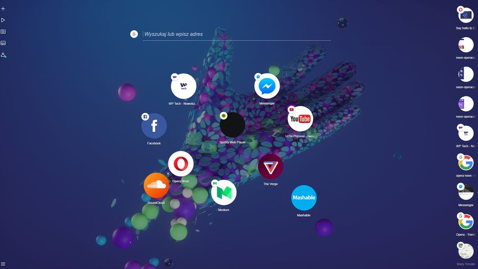 Opera Neon - widok głównego ekranu. W prawej kolumnie znajdują się otwarte zakładki, zaś w lewej panel do sterowania multimediami