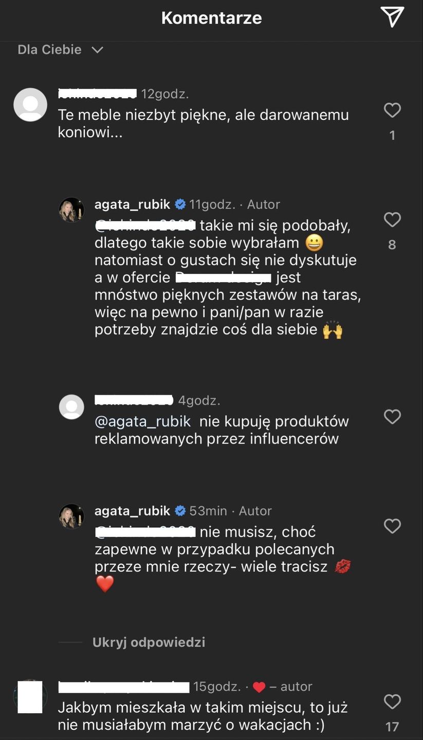 Agata Rubik chwali się widokiem z tarasu i dyskutuje z internautą