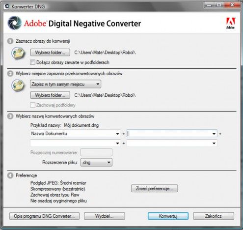 Ekran początkowy Adobe DNG Converter