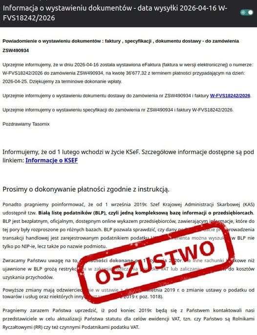 Fałszywe powiadomienie o fakturze