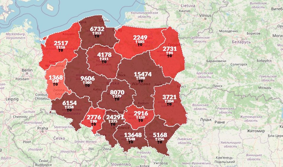 Mapa koronawirusa w Polsce (stan na 8.10.20)