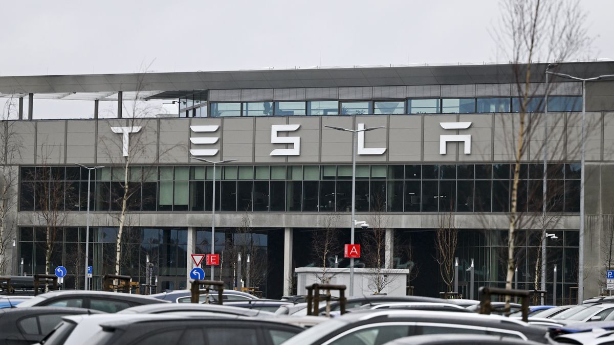 BERLIN, GERMANY - FEBRUARY 22: ''Tesla'' logo is seen on the Tesla factory building in Berlin, Germany on February 22, 2024. In the southeastern outskirts of Berlin, within the Grunheide district, local residents are expressing opposition to the expansion plans of the first automobile factory of US electric car manufacturer, Tesla in Europe. The proposed expansion has sparked discontent among the community members in the area. (Photo by Halil Sagirkaya/Anadolu via Getty Images)