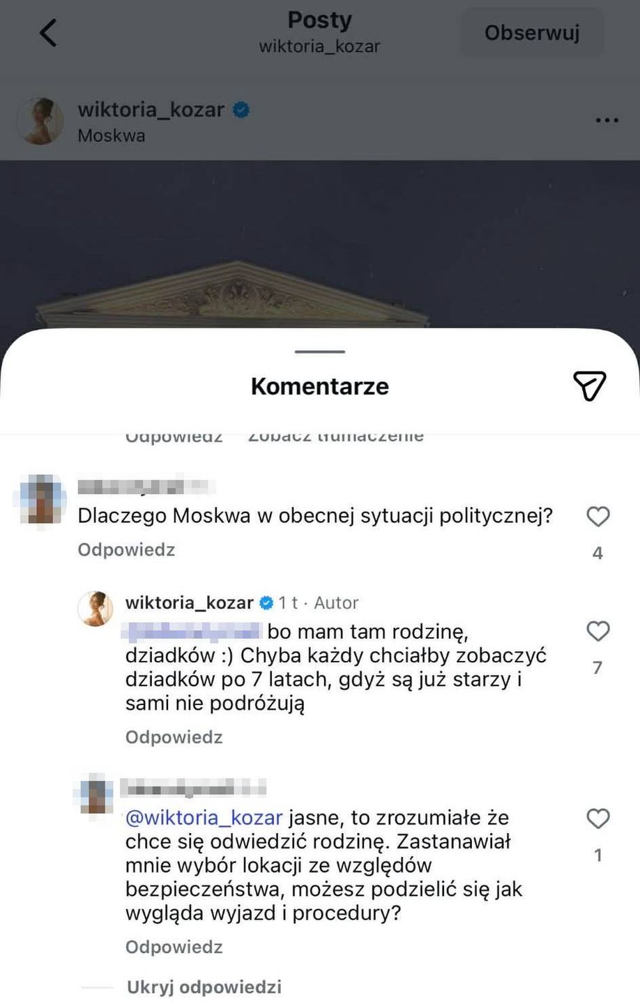 Wiktoria wyjaśnia, dlaczego pojechała do Moskwy 