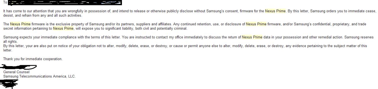 Mail pracownika Samsunga w sprawie wycieku oprogramowania Nexusa Prime (fot. geek.com)